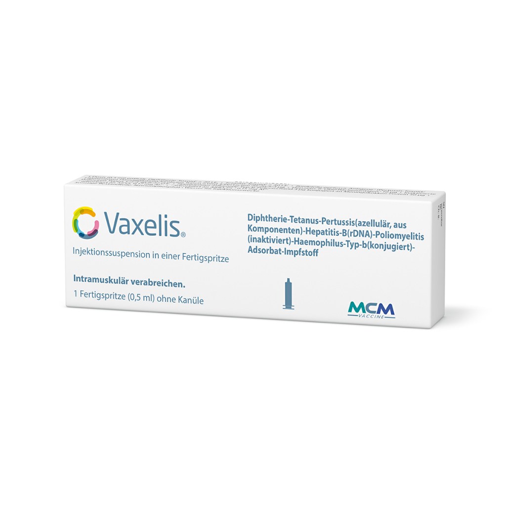 Verpackung des Arzneimittels Vaxelis® (Diphtherie-Tetanus-Pertussis (azellulär, aus Komponenten)-Hepatitis-B(rDNA)-Poliomyelitis (inaktiviert)-Haemophilus-Typ-b (konjugiert)-Adsorbat-Impfstoff)